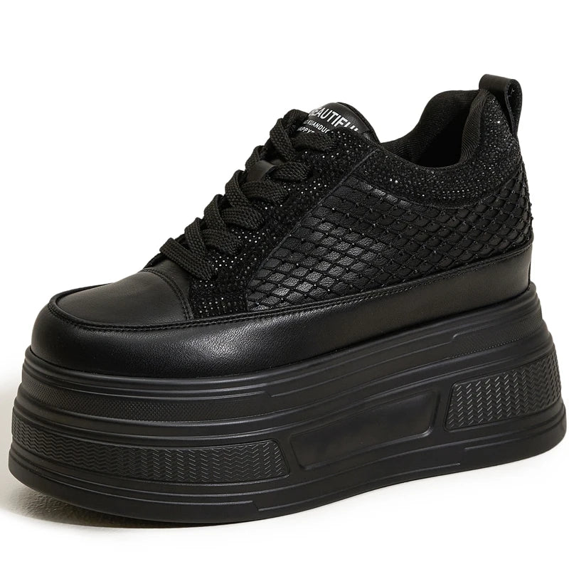 AUTUSPIN 9cm Platforms Chunky Sneakers for Women Leisure Shoes Summer Crystal Splicing Ladies Microfiber Leather Footwear Woman