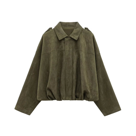 PB&ZA 2025 Women Faux Suede Collared Jacket with Shoulder Straps Loose