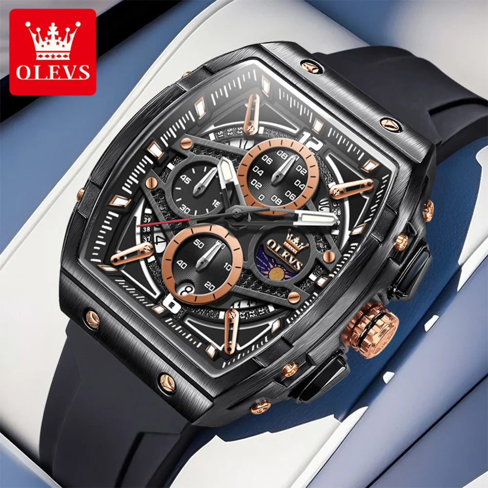 OLEVS 2975 Men's Watches Hollowed Quartz Wristwatch Silicone Strap Tonneau Large Dial Design Waterproof Luminous Watch for Men