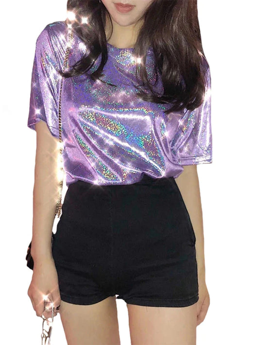 summer woman tops shiny loose short sleeve t-shirt sexy club aesthetic