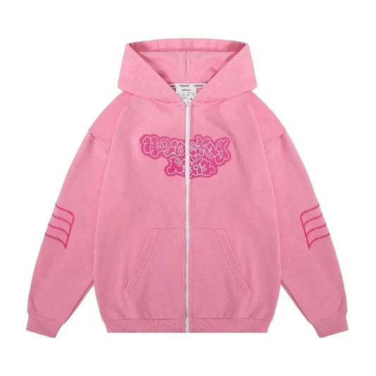Kussia88 Y2K Zip Up Hoodie Men Women Trendy Art Embroidery Sweatshirt