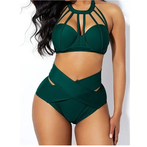 2024 High Waist Sexy Solid Color Women's Bikini Split Swimsuit Push Up