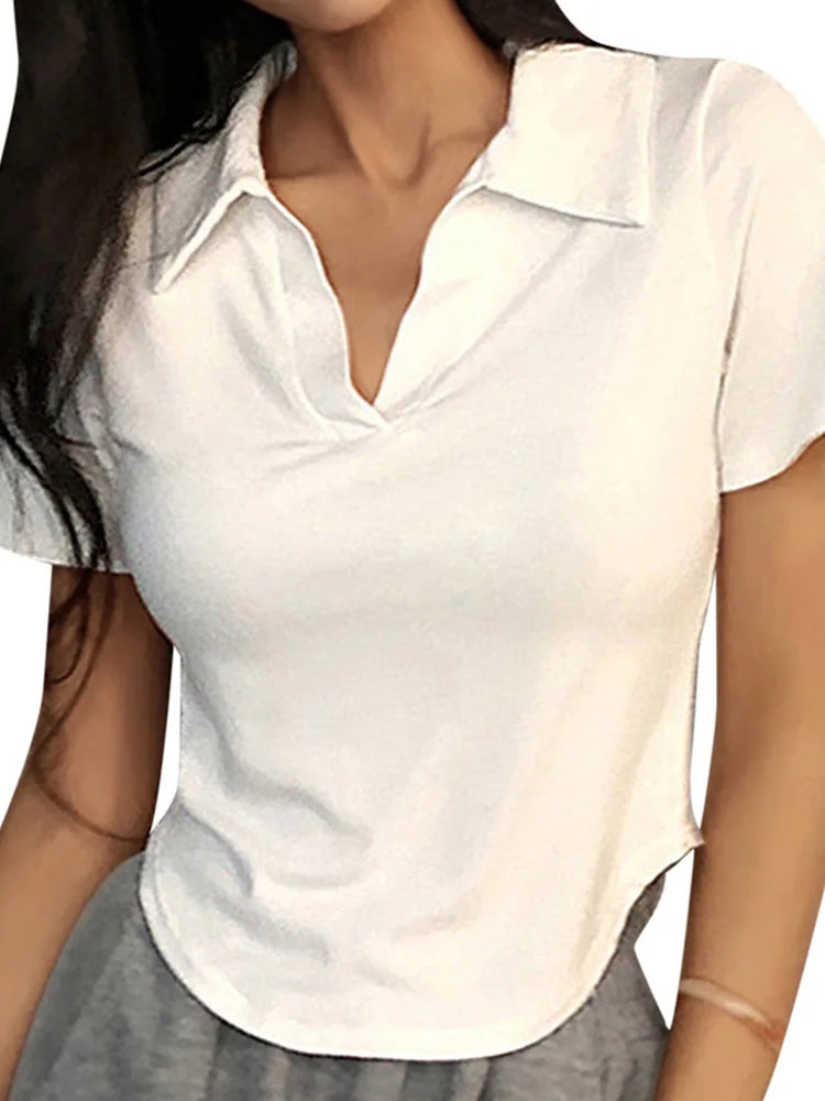 Summer Short Sleeve Lapel Top Women'S Solid V-Neck Pullovers Retro