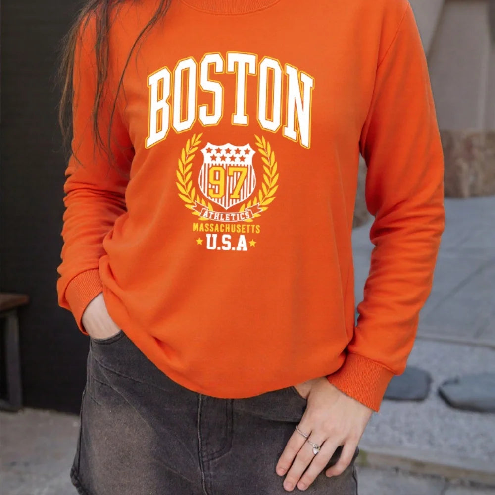 Boston USA Creative Letter Printed Woman Streetwear Hip Hop Street Clothes Autumn Sports Sweatshirt Breathable Fleece Tops