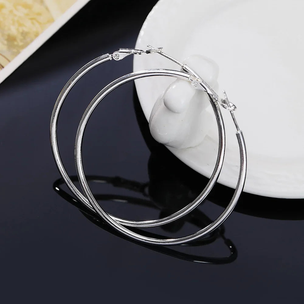 925 Sterling Silver Women's 50/60/70/80MM Round Big Hoop Earrings