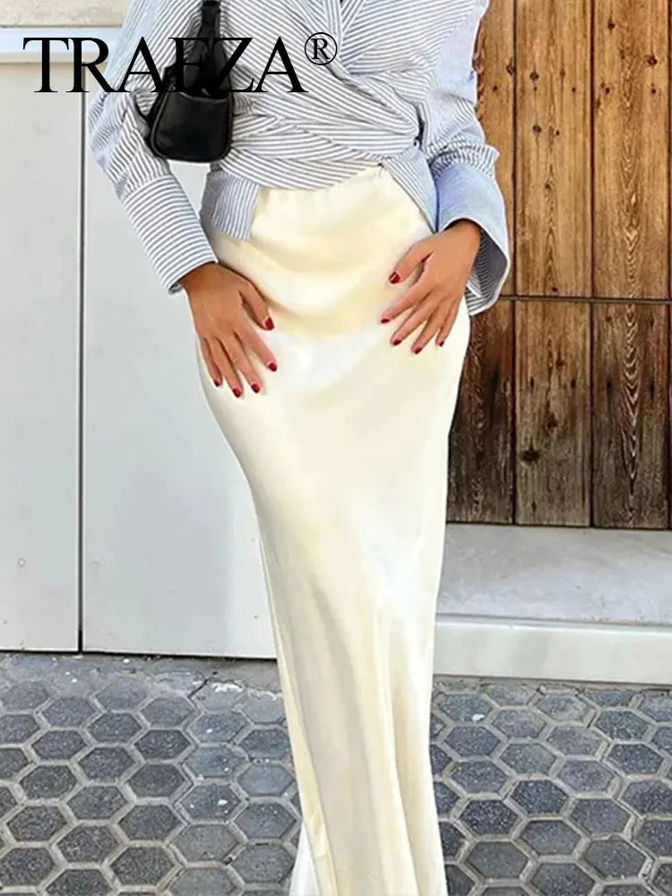 TRAFZA 2024 Y2K Casual Women Long Skirt Spring Elastic High Waisted