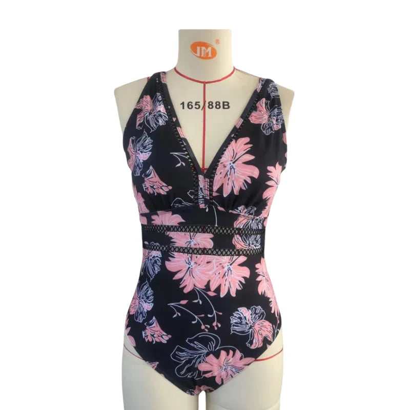 2024 Women One-piece Swimsuit Padded Plus Size Female V Neck Floral