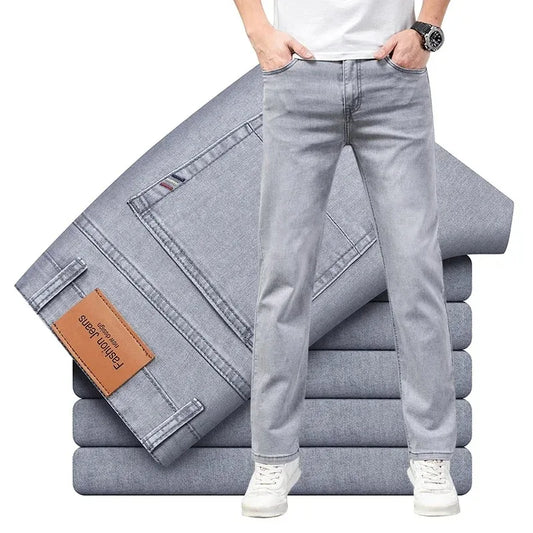 Summer Elastic Men's Jeans Fashion Gray Comfortable Business Straight