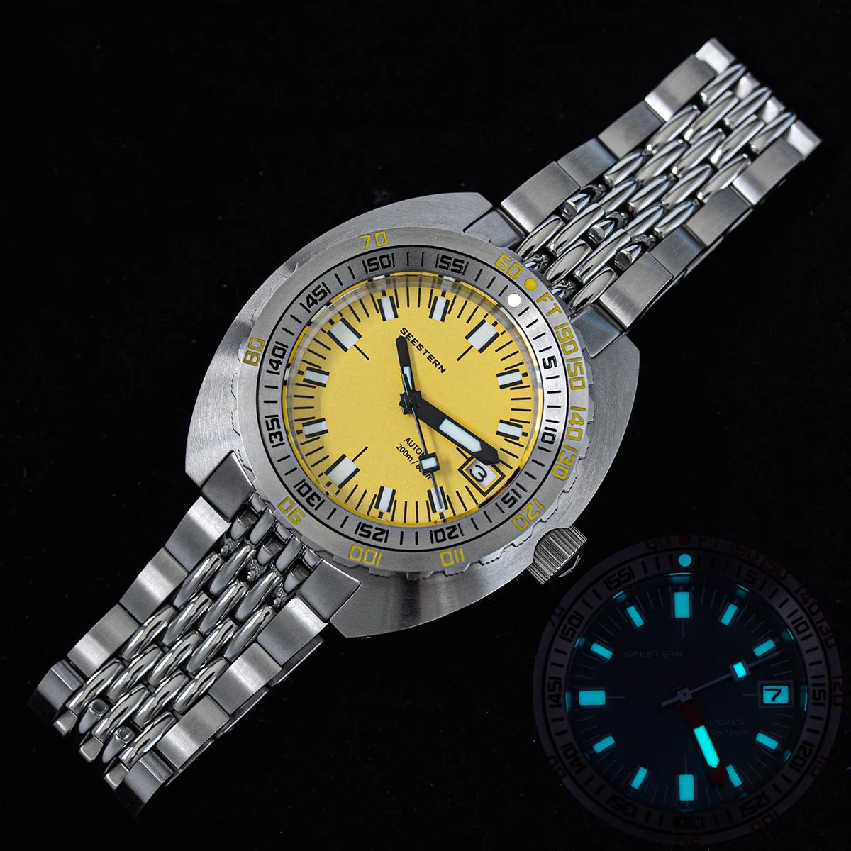 SEESTERN Watch SUB300T Diver Automatic Man Mechanical Sapphire Glass Luminous Date Waterproof 200 Turn Bracelet Wristwatch Retro