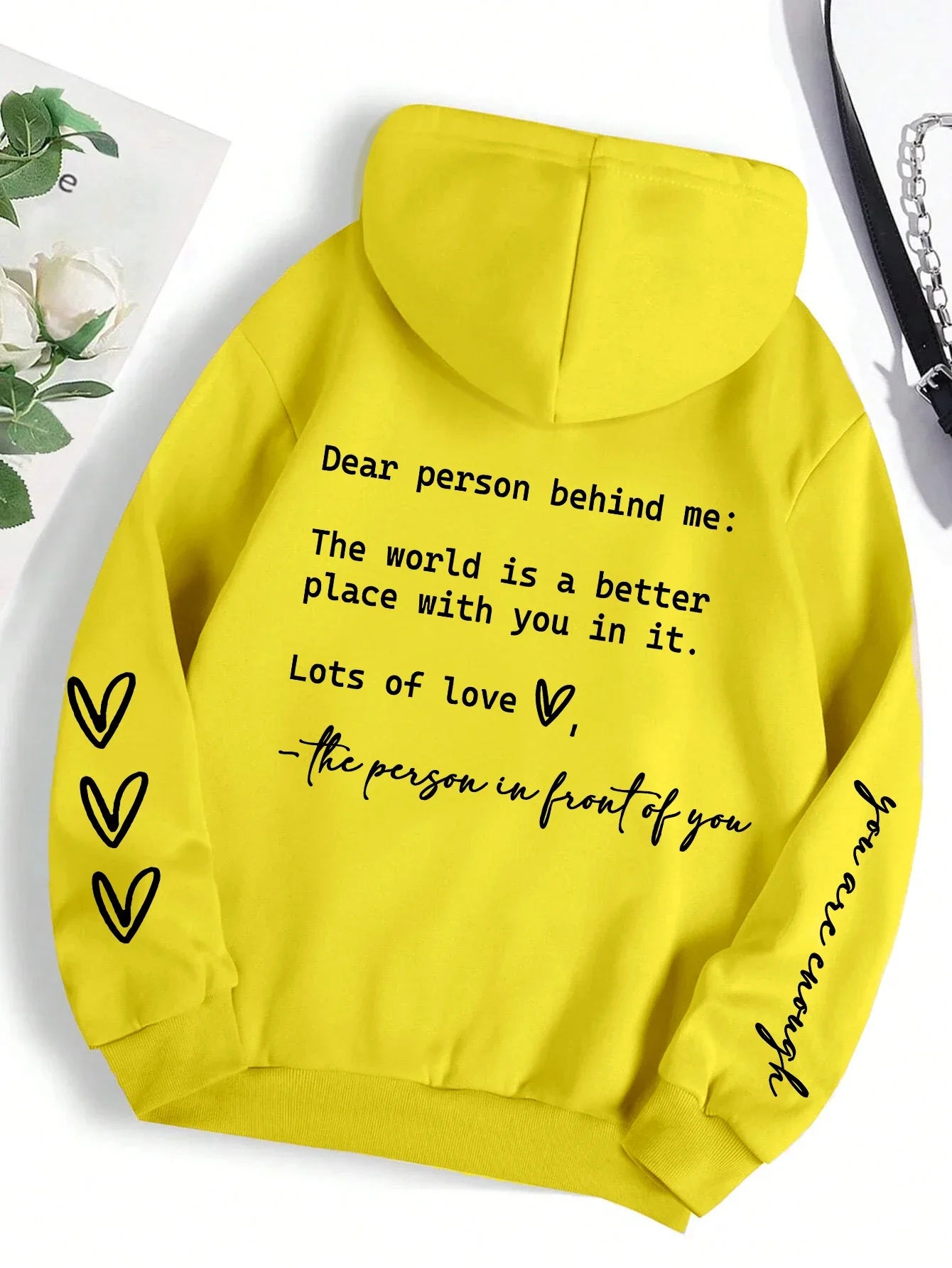 Dear Person Behind Me Letter Graphic Print Hoody Women's Fashion Soft Sweatshirt Autumn Warm Fleece Hooded Casual Loose Tops