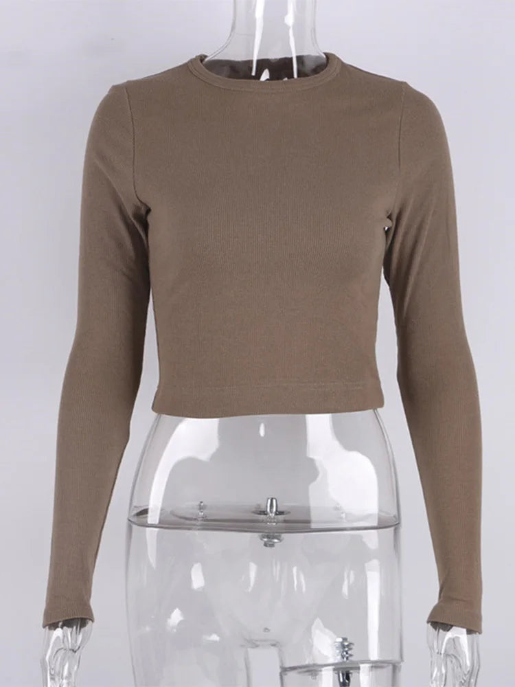 O Neck Long Sleeve Shirt Women Ribbed Sexy Cropped Tops 2022 Spring