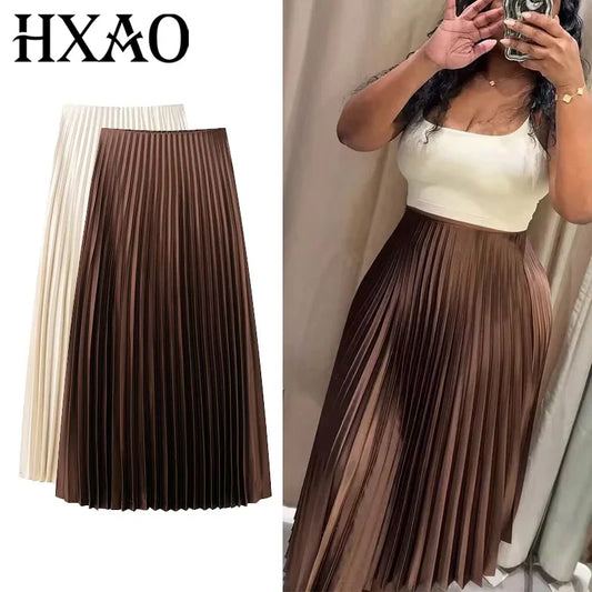 HXAO Women's Pleated Skirt Summer Brown Ruffle Skirt Cylinder Pleats