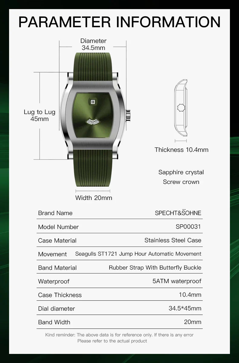 Newly designed Specht & Söhne Jump Hour Watch For Men Seagull Automatic Watches Rubber Strap Sapphire Crystal 50M Waterproof