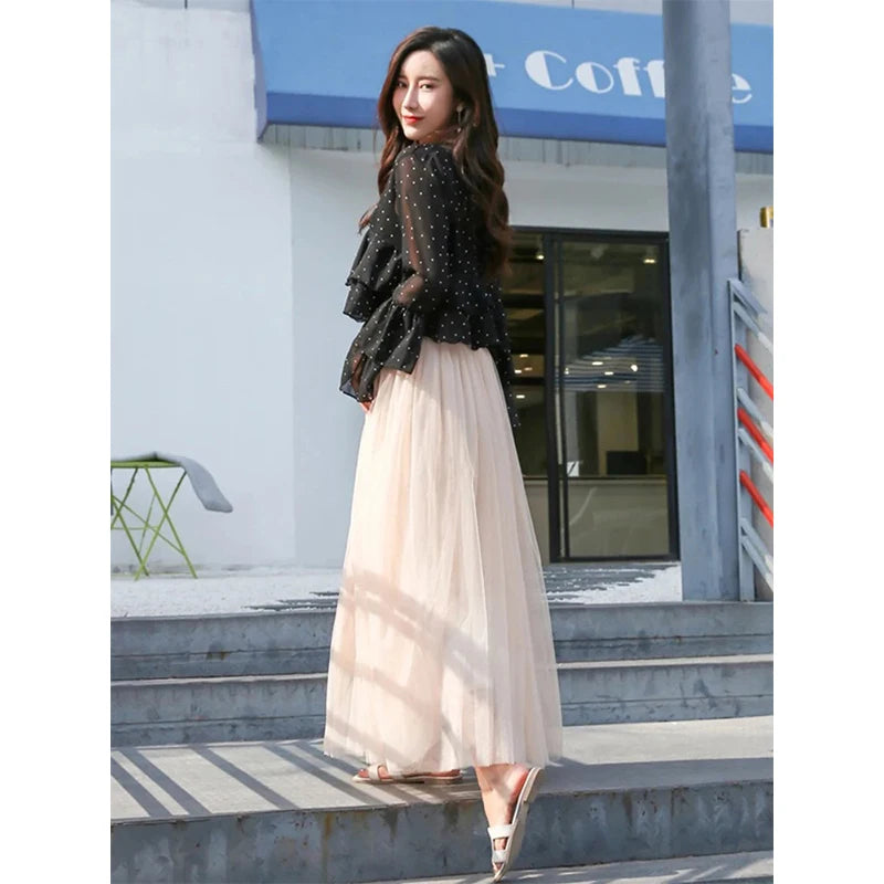 Vintage Tulle Skirt Women Streetwear Elastic High Waist Mesh Pleated