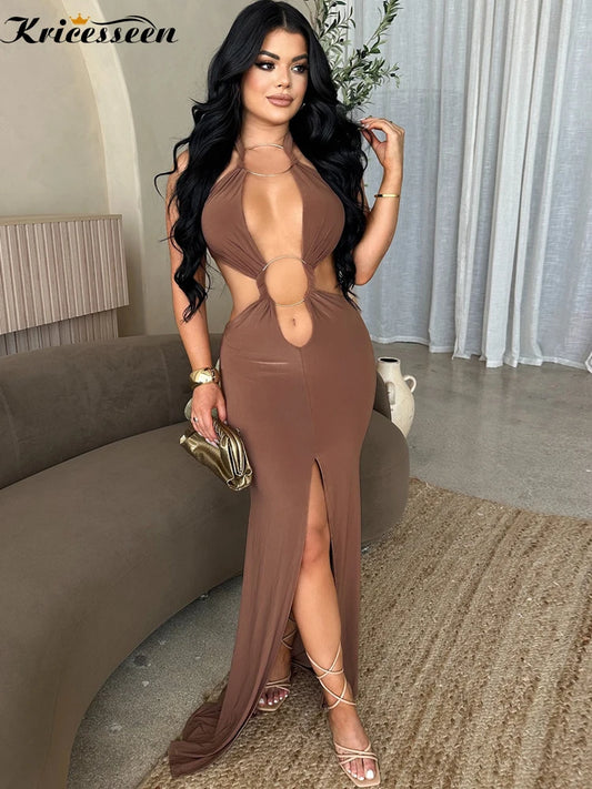Kricesseen Sexy Cut-Out O-Rings Metal Ruched Maxi Dress Holiday Outfits Womens Lace-Up Bandage Party Dresses Night Out Vestidos