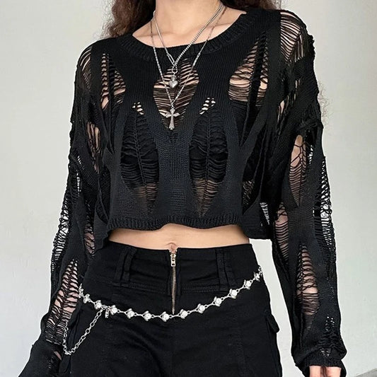 ITOOLIN Women Hole Hollow Out Y2K T-shirts Batwing Sleeve Knitted