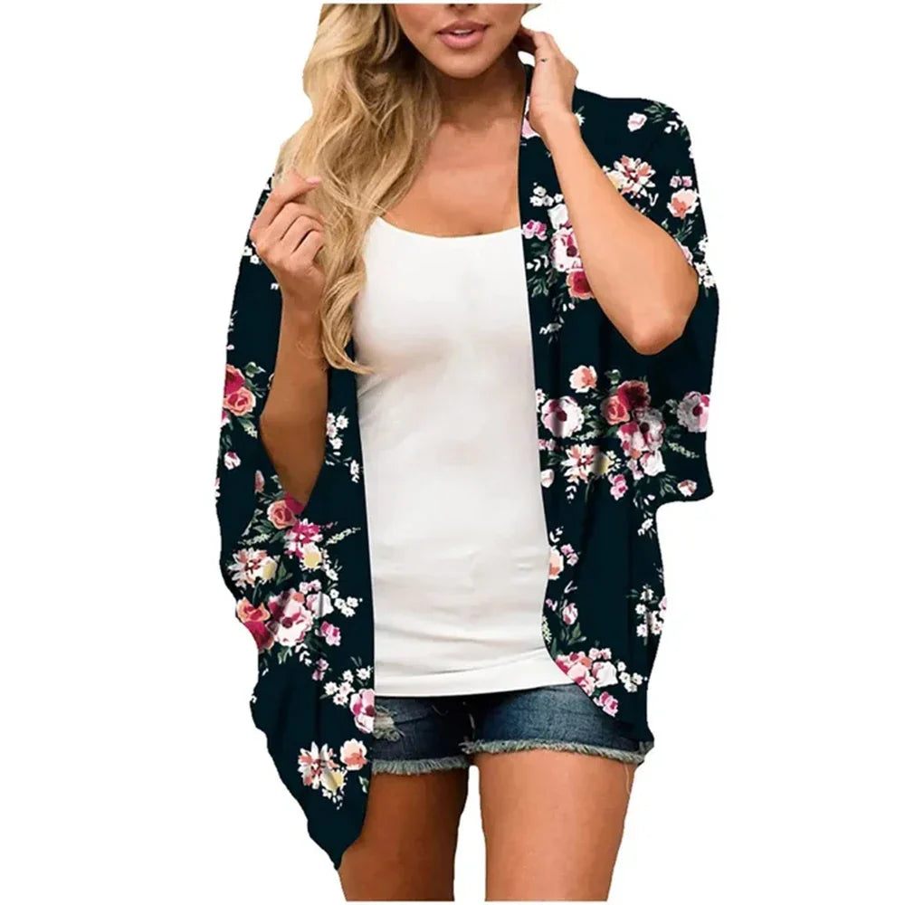 Women'S Swimwear 2023 Cardigans For Women Clearance Fashion Womens Middle Short Sleeve Print Chiffon Cardigan Beach Loose Tops
