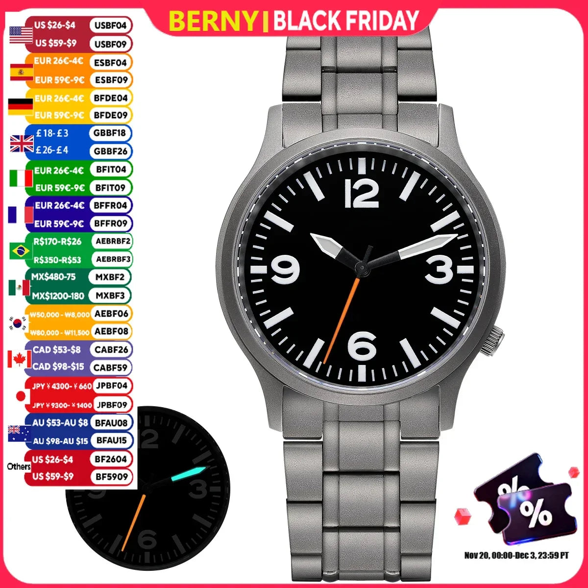 BERNY Full Titanium Watches for Men Super Luminous Sapphire Sports Field Quartz Men's Watch VH31 Pilot Wristwatch 5ATM Easy Read