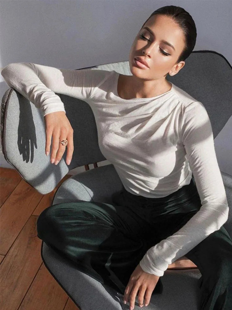 Long Sleeve Top White T-Shirts Women Basic Crop Top Autumn Pollover