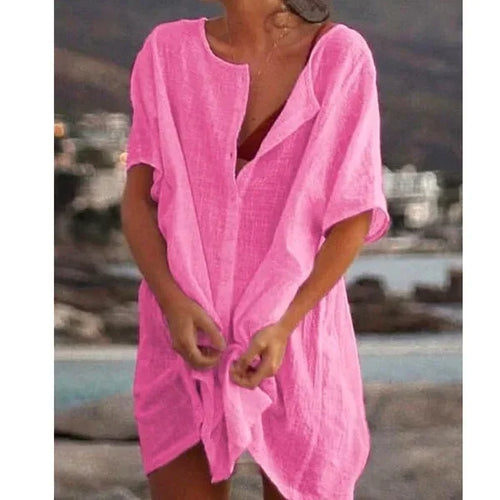 2024 Women's Cotton Linen Beach Dress Solid Summer Casual Cover-ups