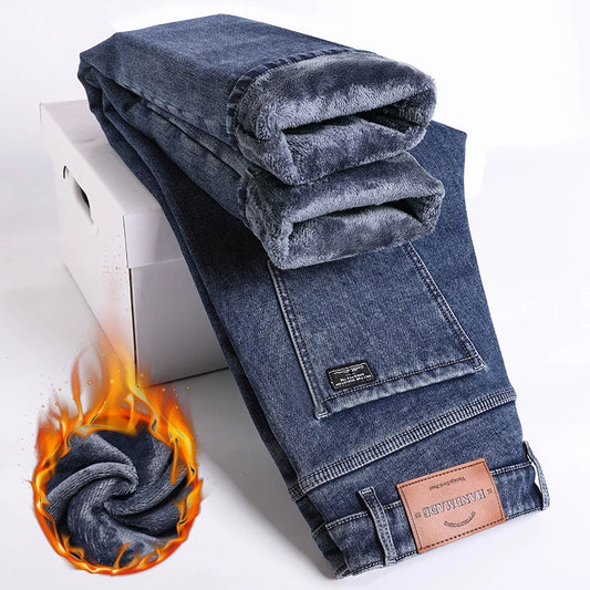 Winter Fleece Thick Warm Jeans Men's Slim Straight Elastic Denim Pants