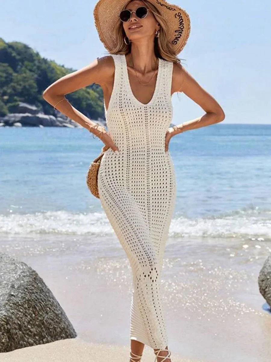 S - XL 2025 V Neck Hollow Out Crochet Knitted Tunic Beach Cover Up