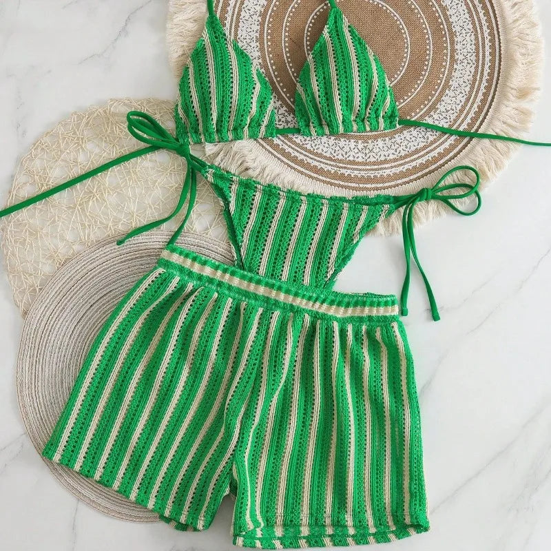 New 3 Piece Vacation Swimsuit Set - Sexy Mesh Tie-Up Bikini with High Cut Bottoms for Women Multi-Color Beachwear