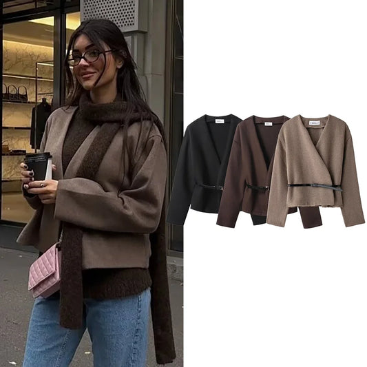 EDSA Women Soft Belted Jacket Wrap V-neck Long Sleeves New Elegant Lady Commute Outwear for Female