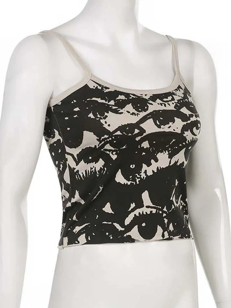 Gothic Portrait Print T-shirt Aesthetic Y2K Crop Tops Short Sleevle