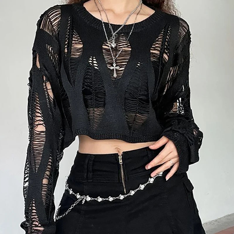ITOOLIN Women Hole Hollow Out Y2K T-shirts Batwing Sleeve Knitted