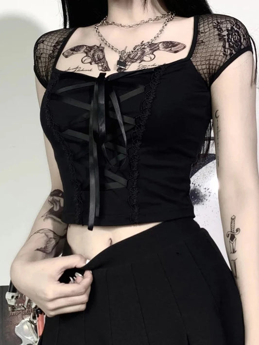 Vintage Tops Goth T-shirt Women Bodycon Bandage Lace Black T-shirts