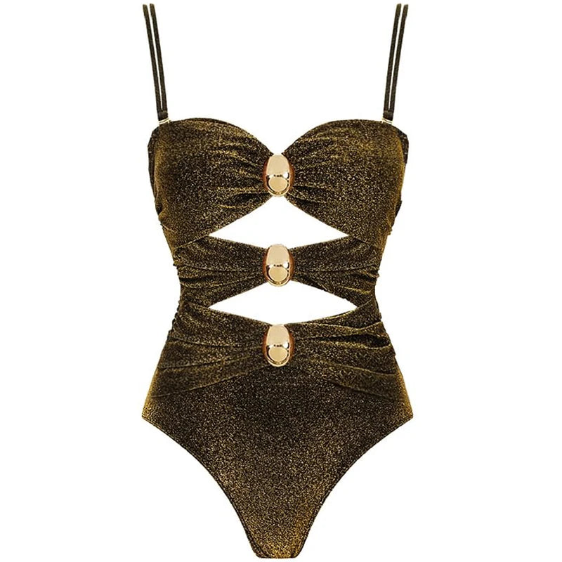 Flaxmaker Gold Glitter Cutout Fabric Women Bikini Set One Piece Swimsuit Swimwear Women Sexy Bikini Beach Wear Bathing Suit