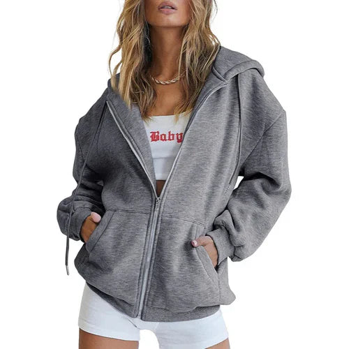 Fashion Gray Zip Up Sweatshirt Women Autumn Winter Jacket Clothes