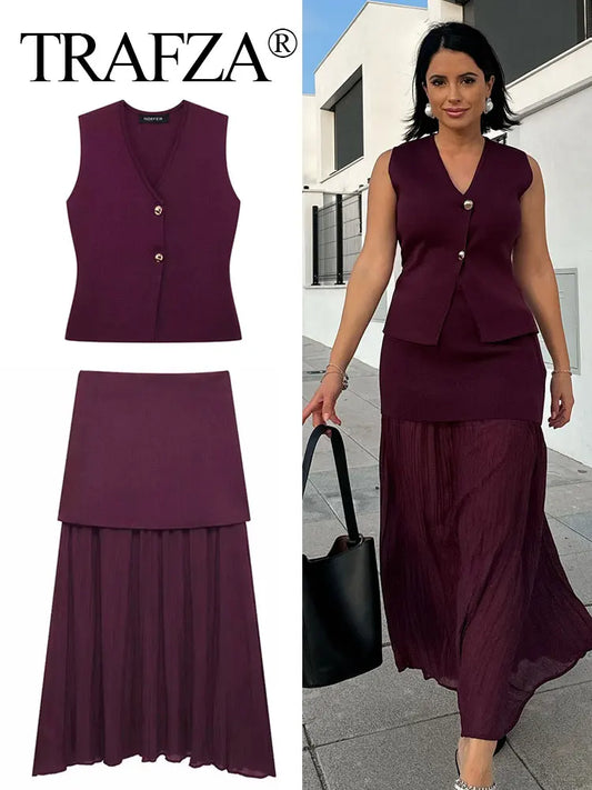 TRAFZA 2024 Women Skirt Set Wine Red Knitted V-Neck Sleeveless Slim
