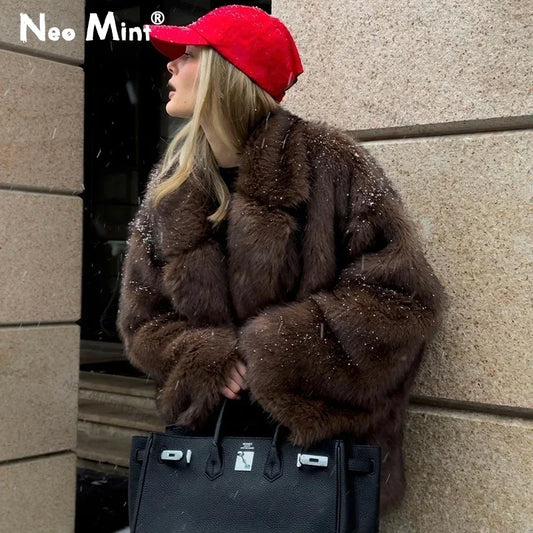 Neo Mint 2024 Winter Faux Fur Coat Women Brand Fashion Fluffy Fox Fur
