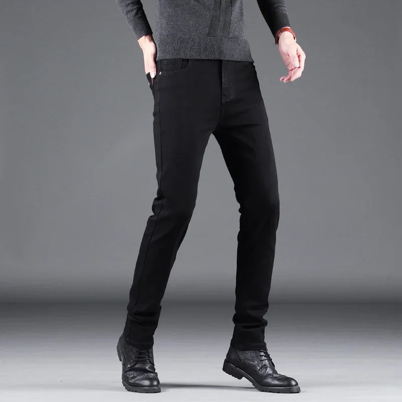 Spring Autumn New Men's Pure Black Slim Jeans Elastic Straight Pants