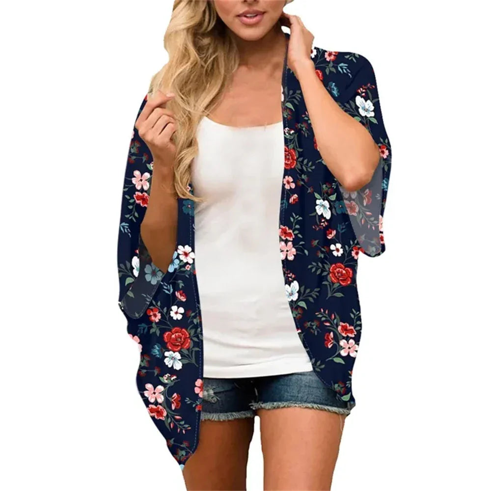 Women'S Swimwear 2023 Cardigans For Women Clearance Fashion Womens Middle Short Sleeve Print Chiffon Cardigan Beach Loose Tops