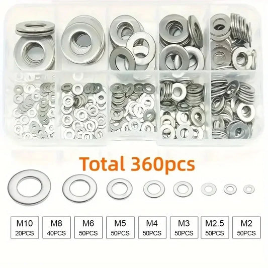 360pcs 304 Stainless Steel Flat Washers Set, Perfect For Home Decor,