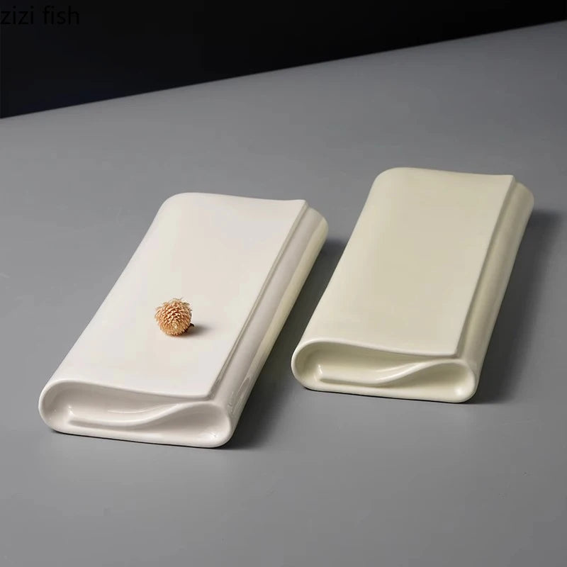 Solid Color Ceramic Folding Long Plate Restaurant Sushi Plate Dessert