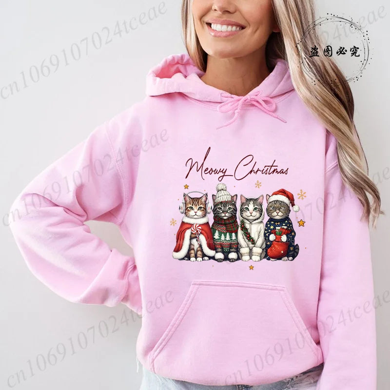 Meowy Christmas Cat Print Women Fashion Hoodies Girl Clothing Funny Merry Christmas Sweatshirts Tops Female Casual Tops Clothing