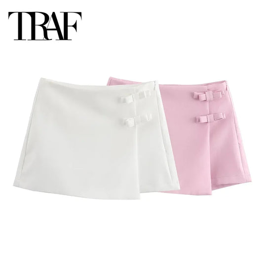TRAF 2024 Pink White Mini Skirt Woman Fashion Bow Skort For Women