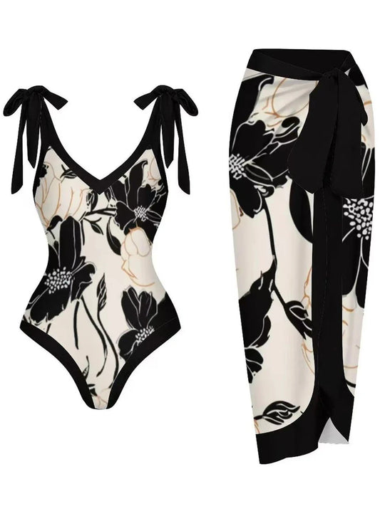 Vintage V Neck Swimsuit With Beach Dress Women 2024 One Piece Print