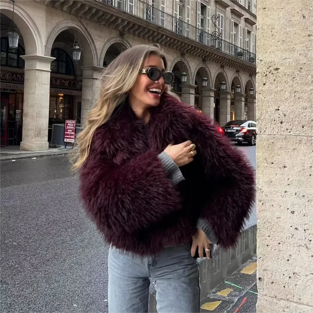 KONDALA 2025 Fall Winter Women Burgundy Casual Faux Fur Jackets Fashion Streetwear Turn Down Collar Warm Oversized Thick Coats