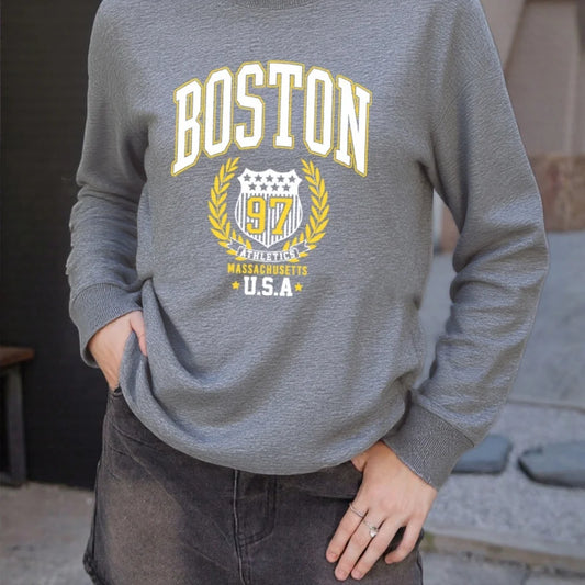 Boston USA Creative Letter Printed Woman Streetwear Hip Hop Street Clothes Autumn Sports Sweatshirt Breathable Fleece Tops