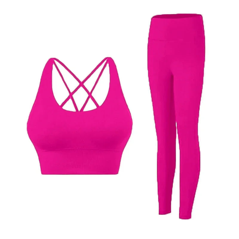 2 Piece Yoga Set Solid Color Women's High Waisted Leggings Tight-fitting Quick-drying Running Underwear Cross Bra Fitness Suit