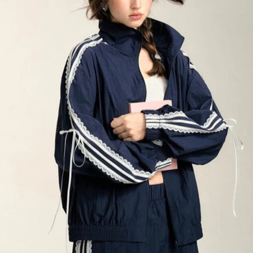 Lace Patchwork Striped Sun Protection Jacket for Women 2025 New Korean