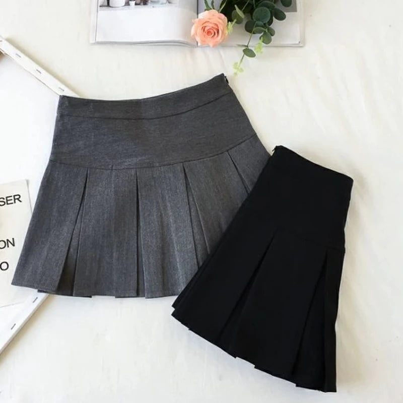 Fashion A Line Women Pleated Skirt High Waist Zipper Grey Student Mini