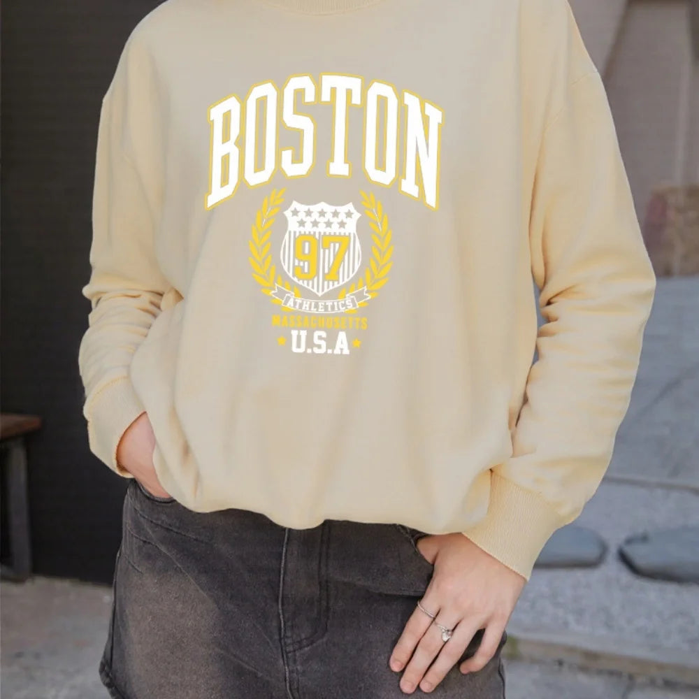 Boston USA Creative Letter Printed Woman Streetwear Hip Hop Street Clothes Autumn Sports Sweatshirt Breathable Fleece Tops