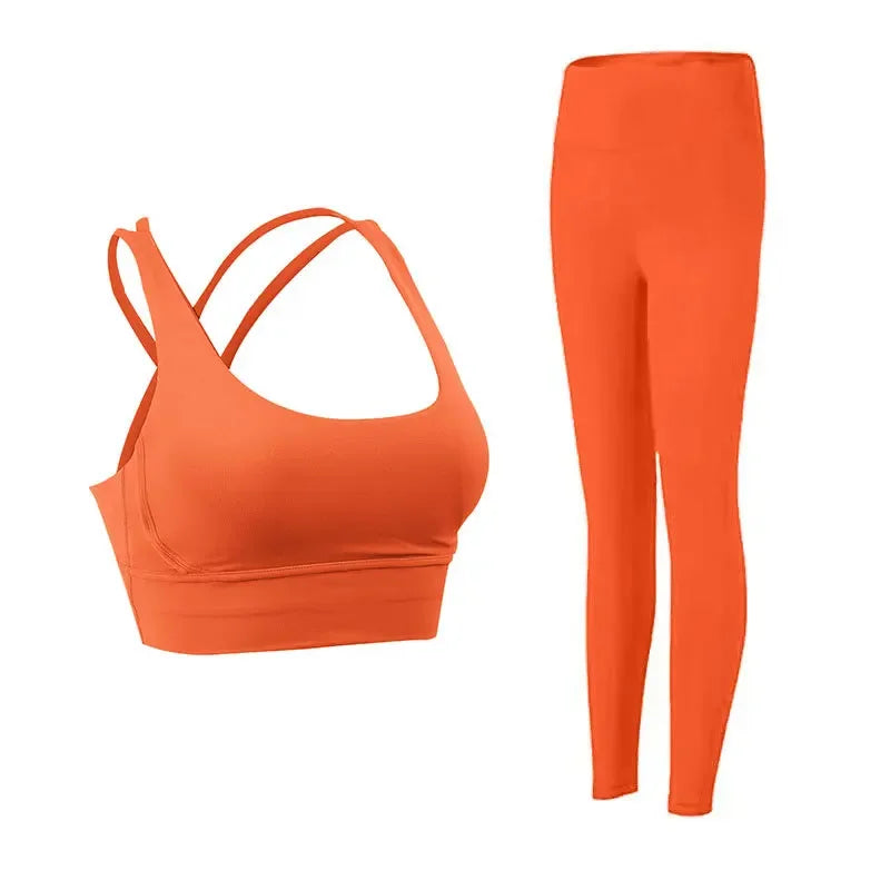 2 Piece Yoga Set Solid Color Women's High Waisted Leggings Tight-fitting Quick-drying Running Underwear Cross Bra Fitness Suit