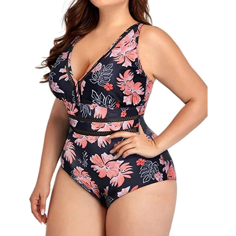 2024 Women One-piece Swimsuit Padded Plus Size Female V Neck Floral